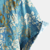Men's Cotton Short-Sleeve Shirt with Blue Floral Pattern