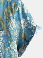 Men's Cotton Short-Sleeve Shirt with Blue Floral Pattern