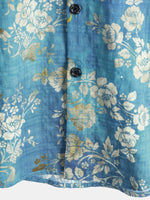 Men's Cotton Short-Sleeve Shirt with Blue Floral Pattern
