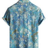Men's Cotton Short-Sleeve Shirt with Blue Floral Pattern