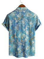 Men's Cotton Short-Sleeve Shirt with Blue Floral Pattern