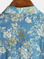 Men's Cotton Short-Sleeve Shirt with Blue Floral Pattern