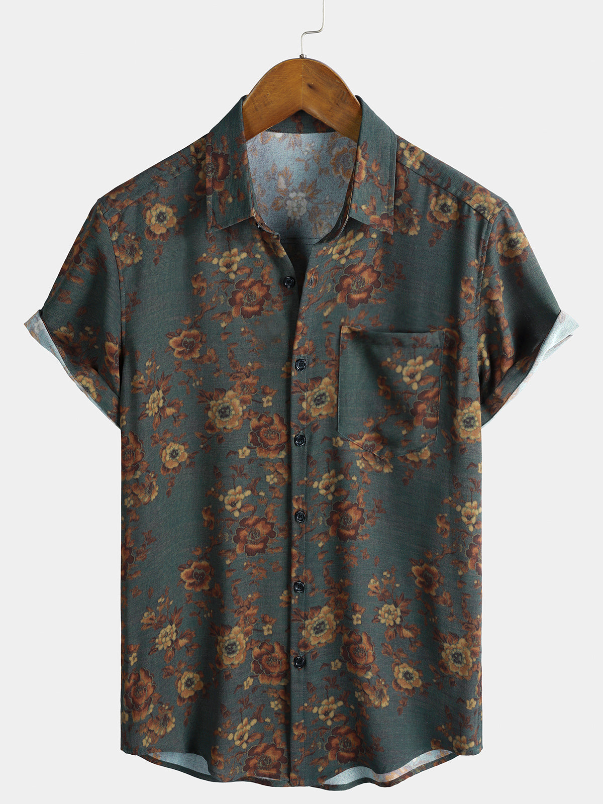 Vintage Floral Print Short Sleeve Shirt with Pocket