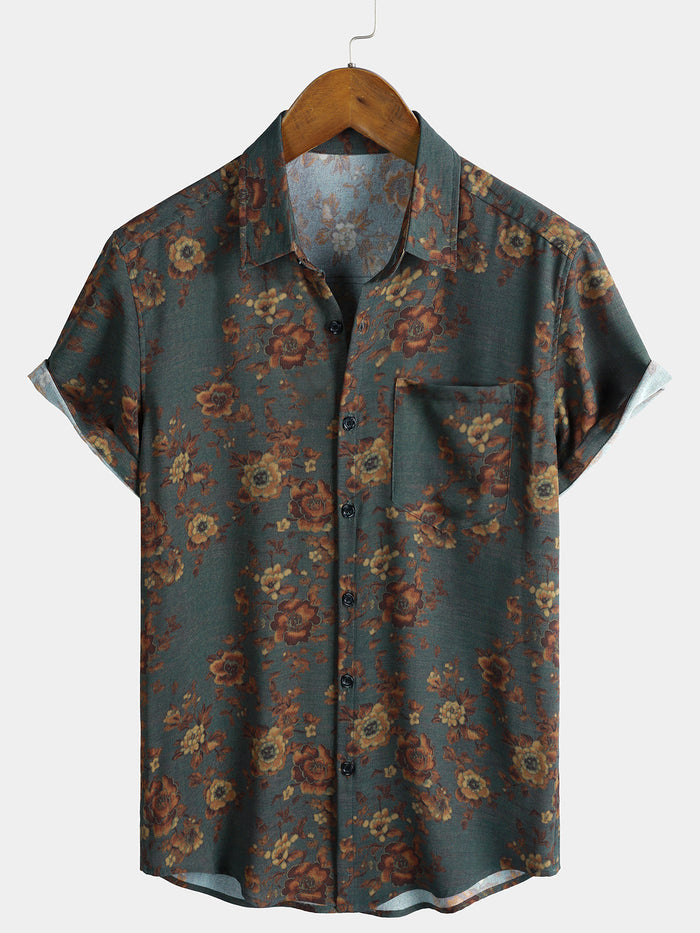 Vintage Floral Print Short Sleeve Shirt with Pocket