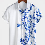 Blue Hawaiian Floral Print Summer Beach Cruise Short Sleeve Shirt