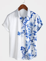 Blue Hawaiian Floral Print Summer Beach Cruise Short Sleeve Shirt