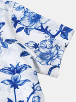 Blue Hawaiian Floral Print Summer Beach Cruise Short Sleeve Shirt