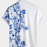 Blue Hawaiian Floral Print Summer Beach Cruise Short Sleeve Shirt