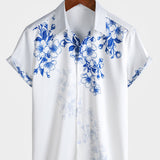 Blue Hawaiian Floral Print Short Sleeve Cruise Party Shirt
