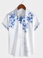 Blue Hawaiian Floral Print Short Sleeve Cruise Party Shirt