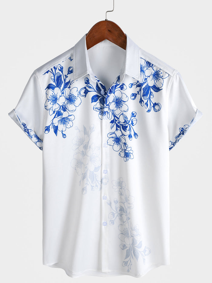 Blue Hawaiian Floral Print Short Sleeve Cruise Party Shirt