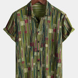 Retro Soft Green Geometric Print Vacation Style Button-Up Short Sleeve Shirt