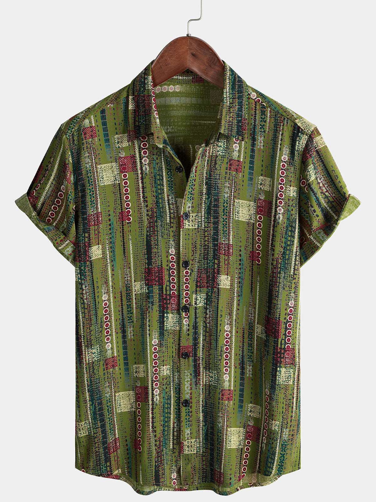 Retro Soft Green Geometric Print Vacation Style Button-Up Short Sleeve Shirt