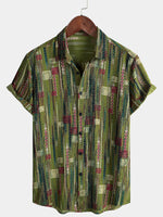 Retro Soft Green Geometric Print Vacation Style Button-Up Short Sleeve Shirt