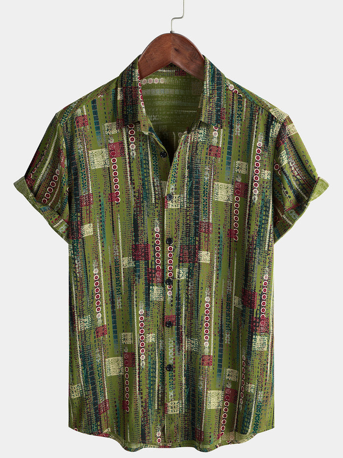 Retro Soft Green Geometric Print Vacation Style Button-Up Short Sleeve Shirt