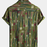 Retro Soft Green Geometric Print Vacation Style Button-Up Short Sleeve Shirt