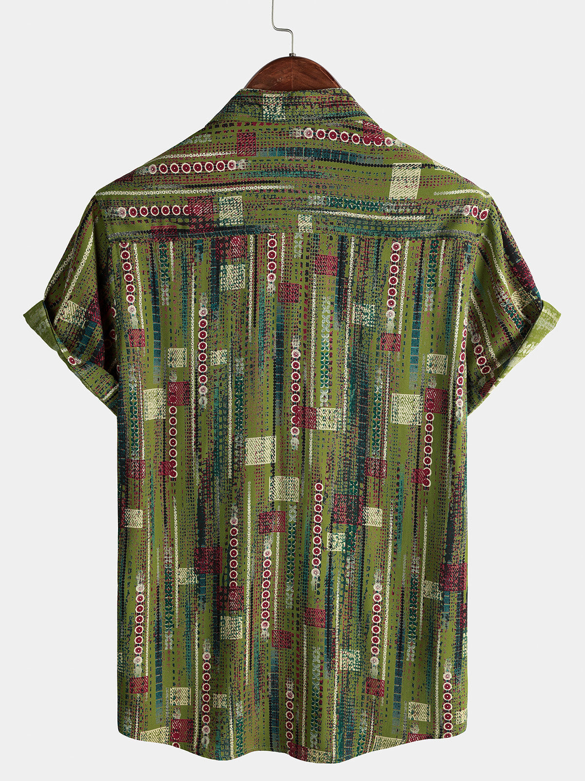 Retro Soft Green Geometric Print Vacation Style Button-Up Short Sleeve Shirt