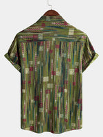 Retro Soft Green Geometric Print Vacation Style Button-Up Short Sleeve Shirt