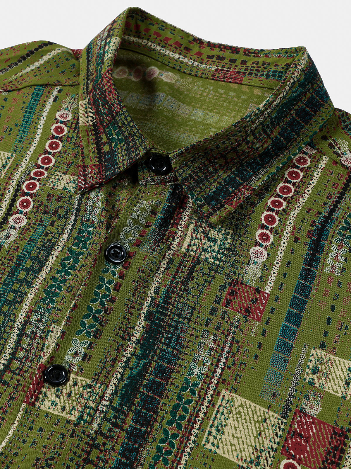 Retro Soft Green Geometric Print Vacation Style Button-Up Short Sleeve Shirt