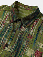 Retro Soft Green Geometric Print Vacation Style Button-Up Short Sleeve Shirt