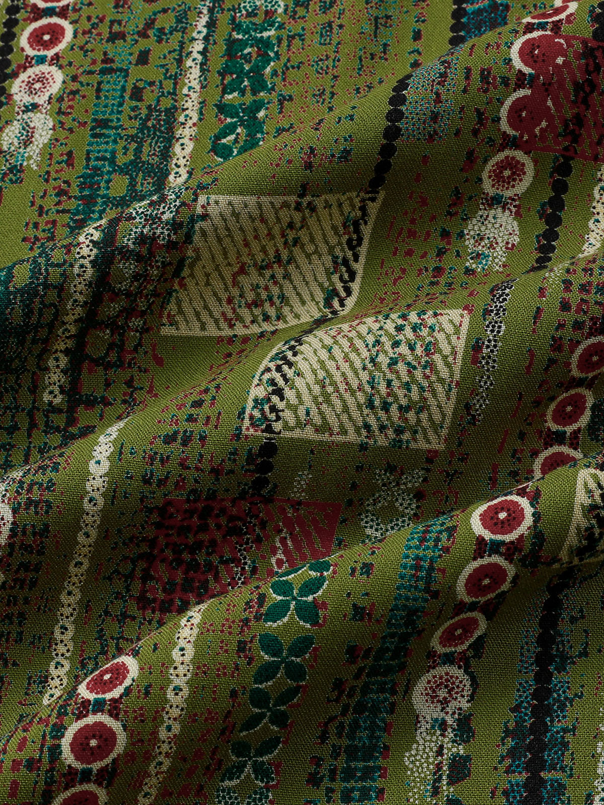 Retro Soft Green Geometric Print Vacation Style Button-Up Short Sleeve Shirt