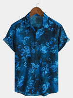 Blue Hawaiian Floral Vacation Style Short Sleeve Shirt