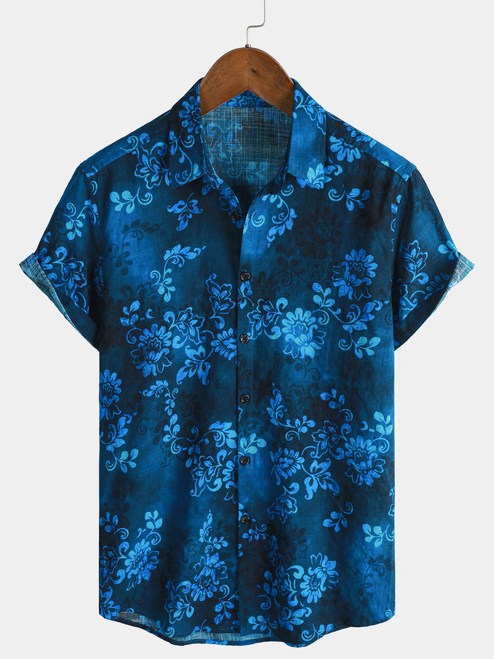 Blue Hawaiian Floral Vacation Style Short Sleeve Shirt