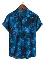 Men's Blue Hawaiian Floral Cotton Short-Sleeve Shirt