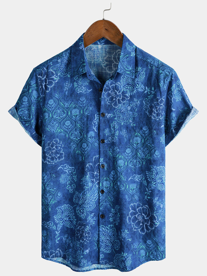 Blue Hawaiian Floral Print Short Sleeve Shirt
