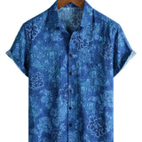 Men's Cotton Short Sleeve Shirt in Flowers in Hawaiian Style Blue