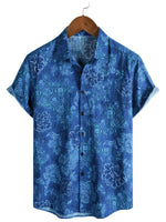 Men's Cotton Short Sleeve Shirt in Flowers in Hawaiian Style Blue