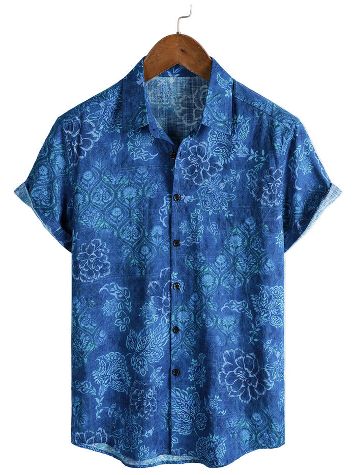 Men's Cotton Short Sleeve Shirt in Flowers in Hawaiian Style Blue