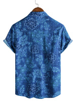 Men's Cotton Short Sleeve Shirt in Flowers in Hawaiian Style Blue