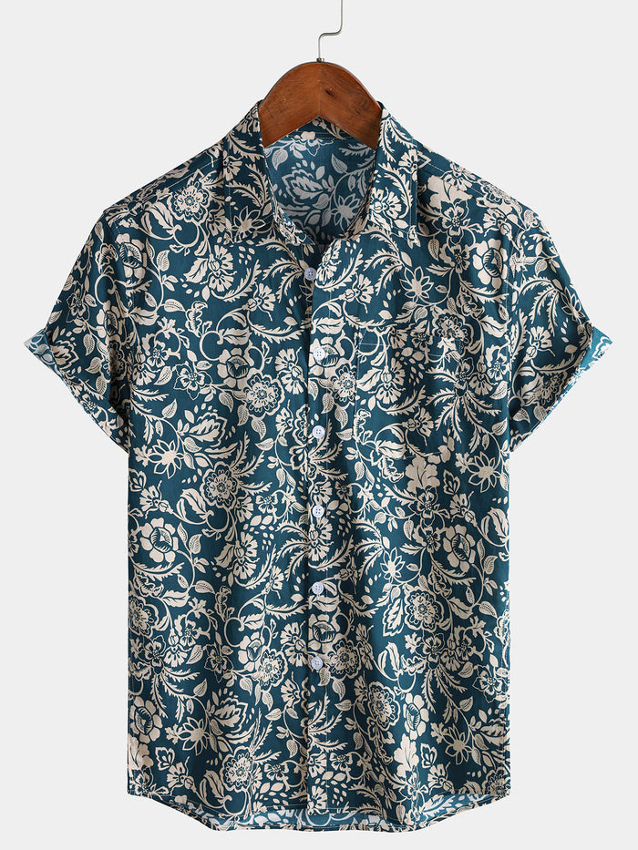 Green Vintage Hawaiian Paisley Floral Vacation Style Short Sleeve Shirt