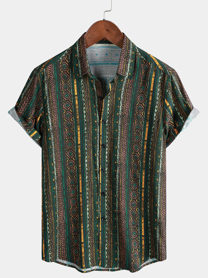 Green Striped Vintage Short Sleeve Shirt