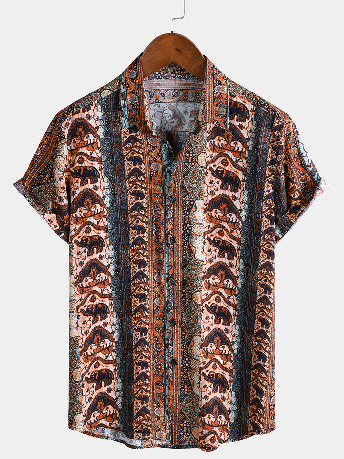 Elephant Bohemian Vintage Beach Short Sleeve Shirt