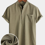 Solid Mandarin Collar Short Tab Short Sleeve Shirt