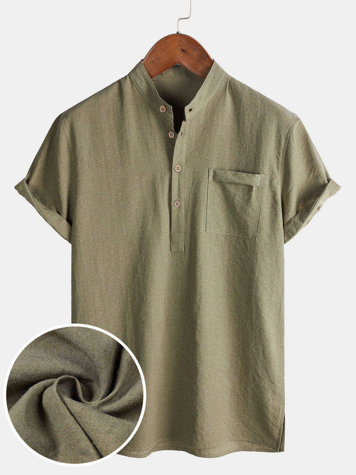 Solid Mandarin Collar Short Tab Short Sleeve Shirt