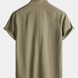 Solid Mandarin Collar Short Tab Short Sleeve Shirt