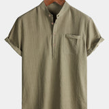 Solid Mandarin Collar Short Tab Short Sleeve Shirt