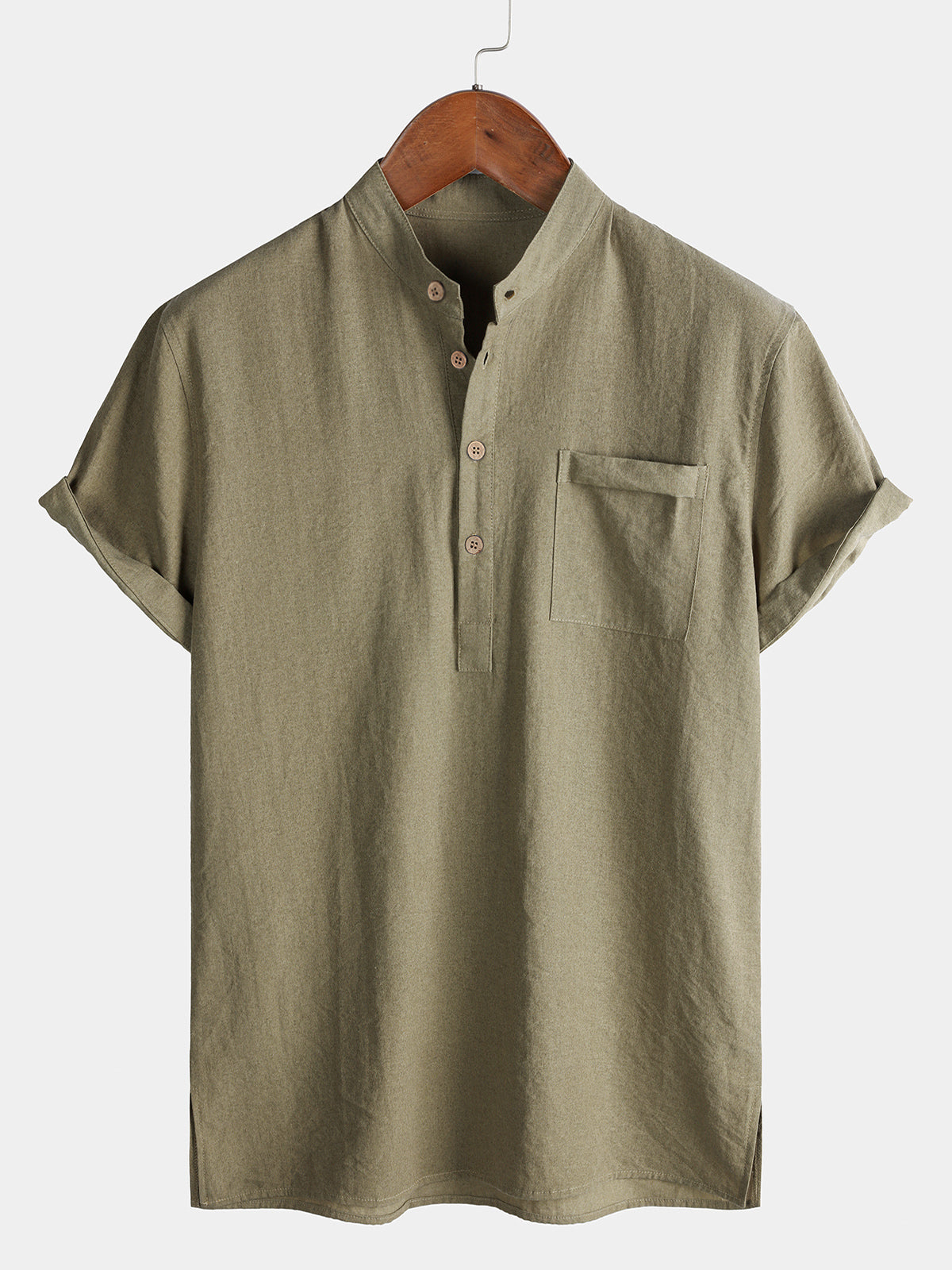 Solid Mandarin Collar Short Tab Short Sleeve Shirt