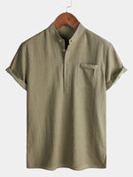 Solid Mandarin Collar Short Tab Short Sleeve Shirt