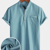 Solid Mandarin Collar Short Tab Short Sleeve Shirt