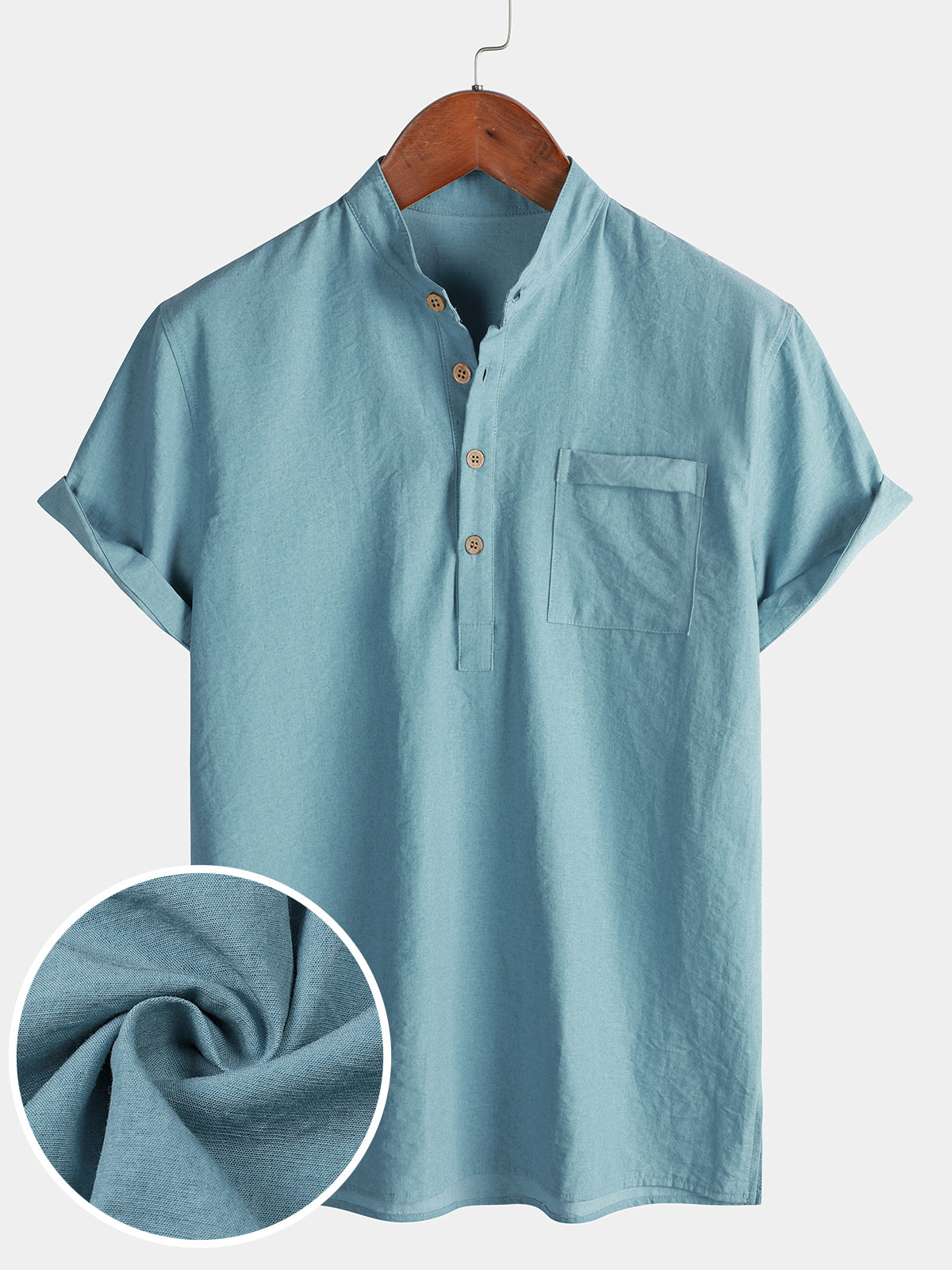 Solid Mandarin Collar Short Tab Short Sleeve Shirt