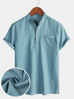 Solid Mandarin Collar Short Tab Short Sleeve Shirt