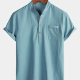 Solid Mandarin Collar Short Tab Short Sleeve Shirt
