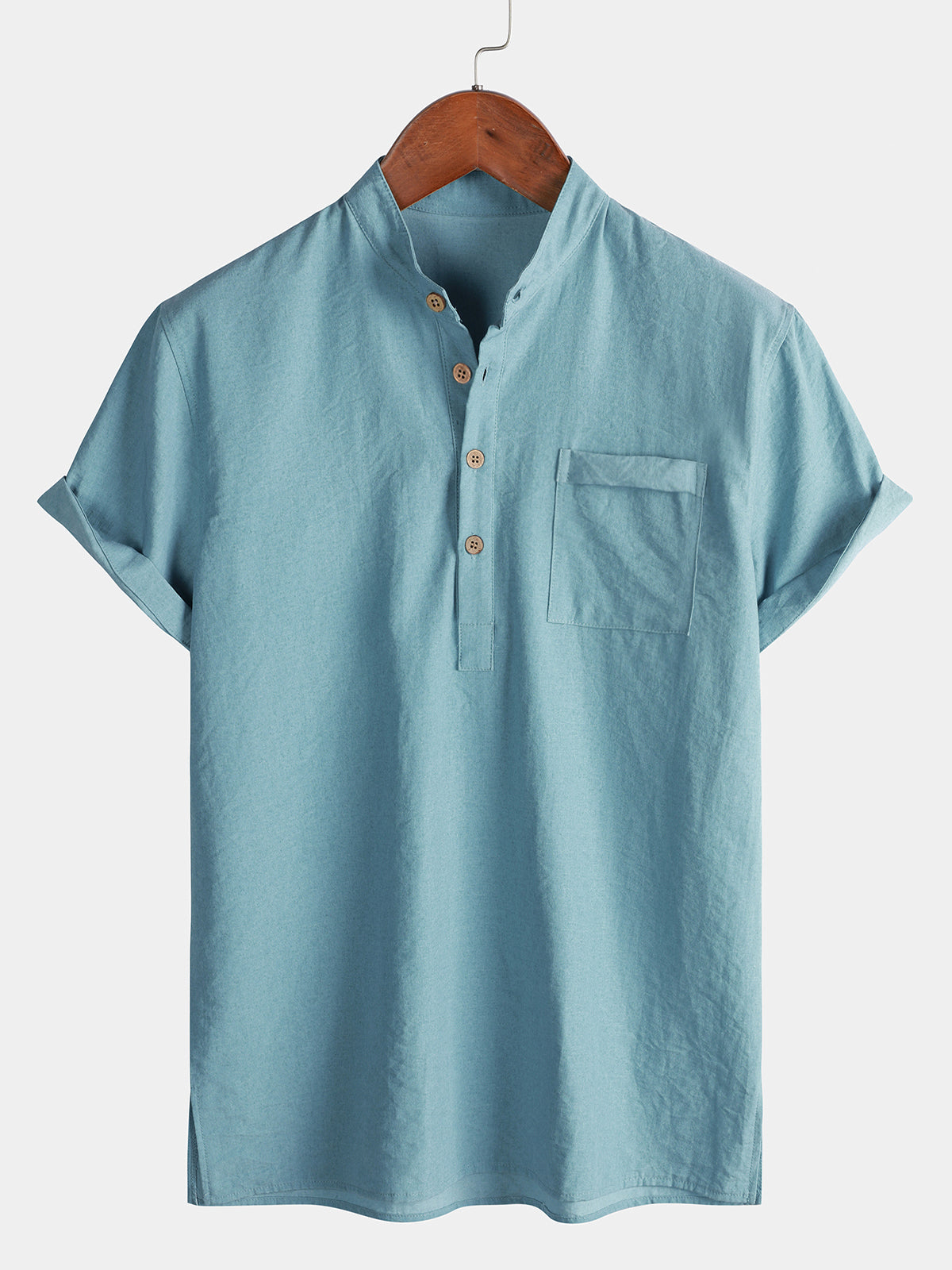 Solid Mandarin Collar Short Tab Short Sleeve Shirt