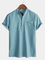 Solid Mandarin Collar Short Tab Short Sleeve Shirt