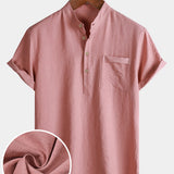 Solid Mandarin Collar Short Tab Short Sleeve Shirt