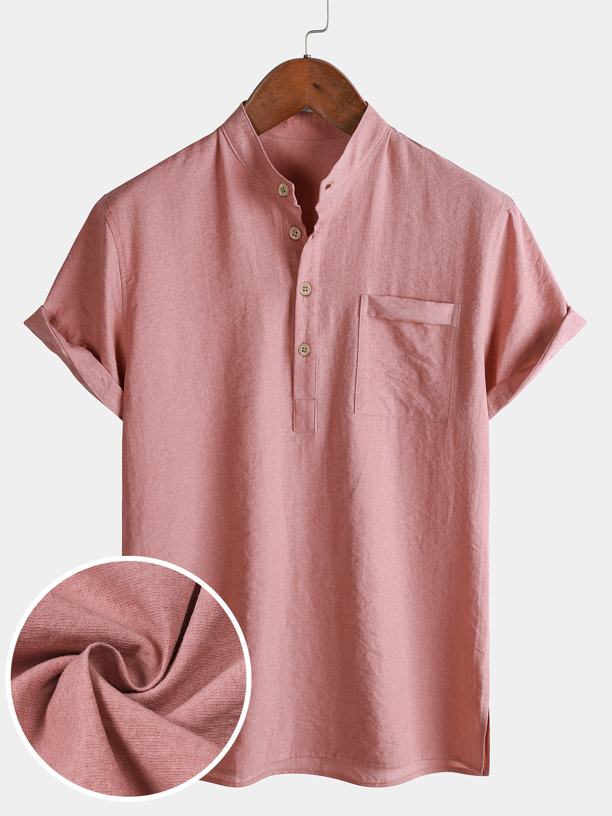 Solid Mandarin Collar Short Tab Short Sleeve Shirt
